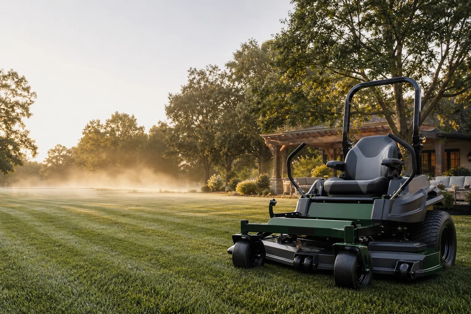 Premium zero-turn mower on a freshly striped lawn at sunrise